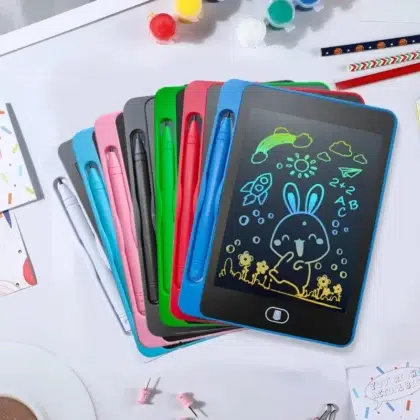 Colorful LCD writing tablets with doodles and pens.